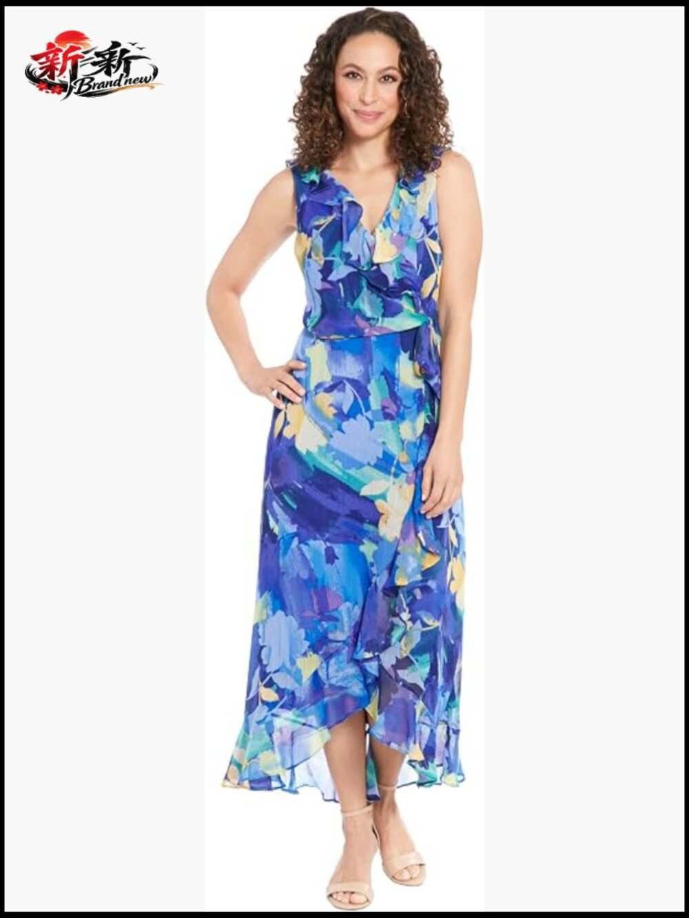Sleeveless Faux Wrap Floral Midi Dress with Ruffle Trim